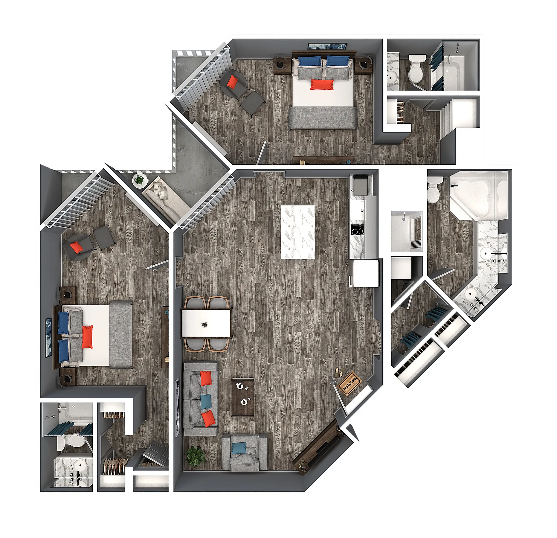 Modern floor plan featuring two cozy bedrooms, an open-concept living and dining area, sleek kitchen with island, and two elegant bathrooms, ideal for comfortable urban living.