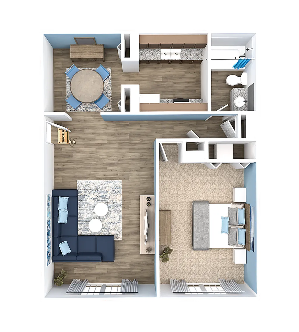 Contemporary floor plan featuring a cozy bedroom, spacious living area with sectional sofa, modern kitchen, and elegant dining space.