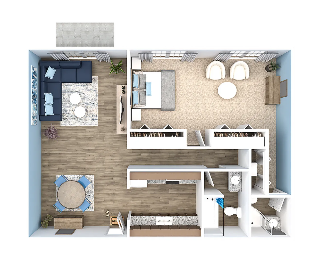 Chic 3D floor plan showcasing an elegant one-bedroom layout with a spacious living area, modern kitchen, and cozy bathroom, ideal for stylish urban living.