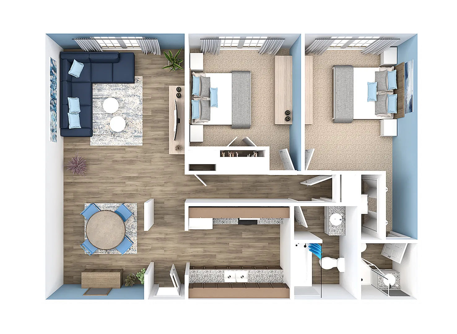 Contemporary 2D floor plan featuring a cozy living room, two stylish bedrooms, a modern kitchen, and a welcoming dining area.