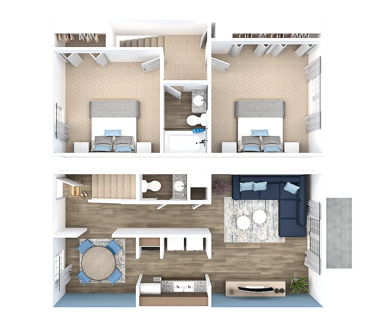 Chic 3D floor plan showcasing 2 elegant bedrooms, modern kitchen, cozy living room, and 2 stylish bathrooms.