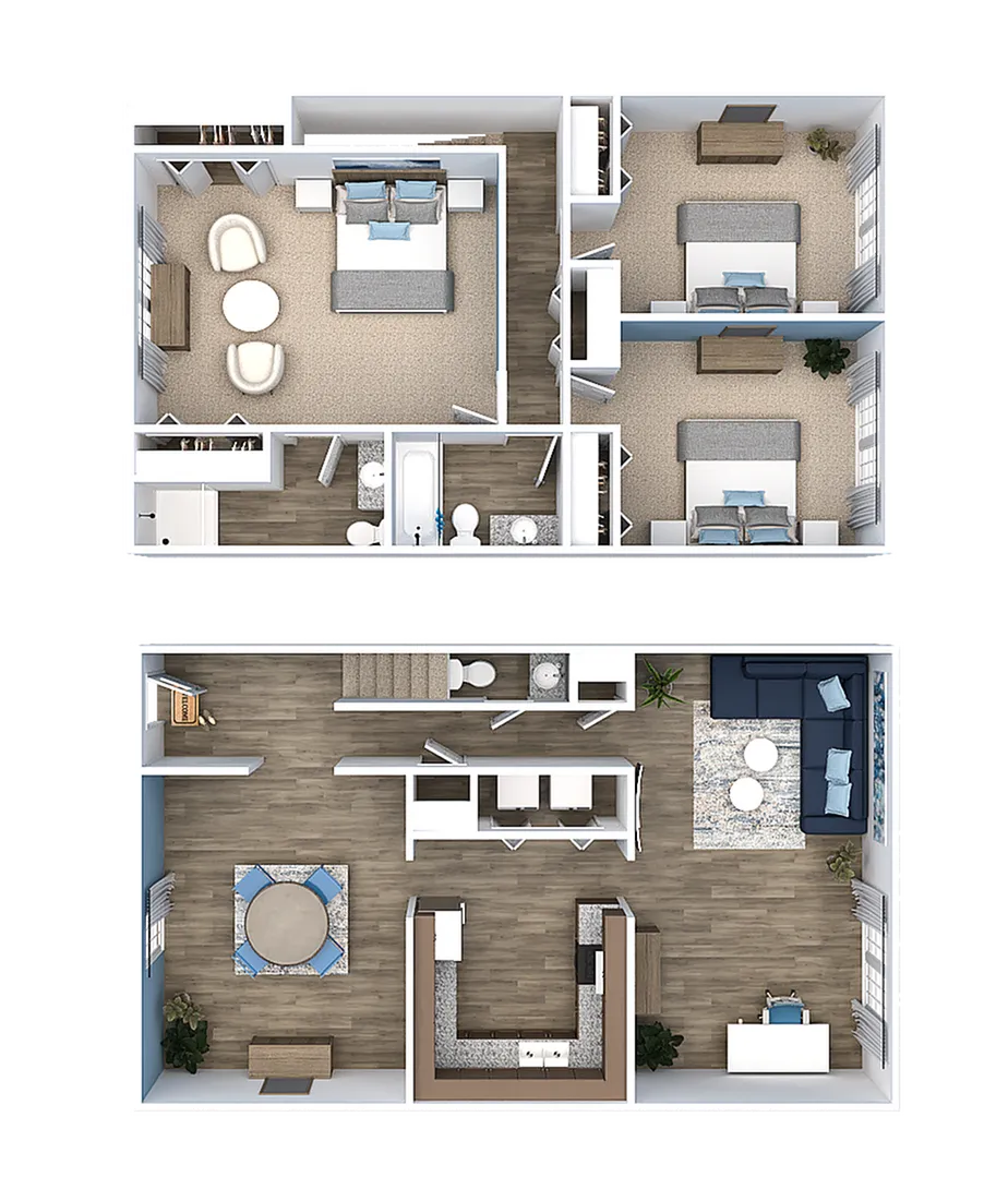 Modern 2D floor plan highlighting a spacious layout with three bedrooms, contemporary kitchen, and inviting living and dining areas, ideal for stylish urban living.