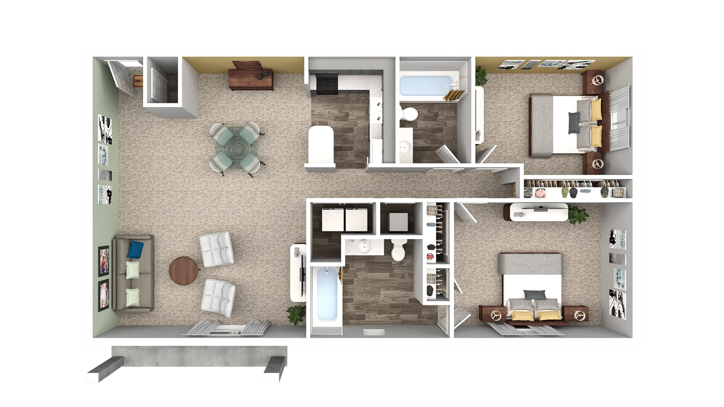 Modern floor plan showcasing a chic apartment with two spacious bedrooms, an open living area, stylish kitchen, and two sleek bathrooms.