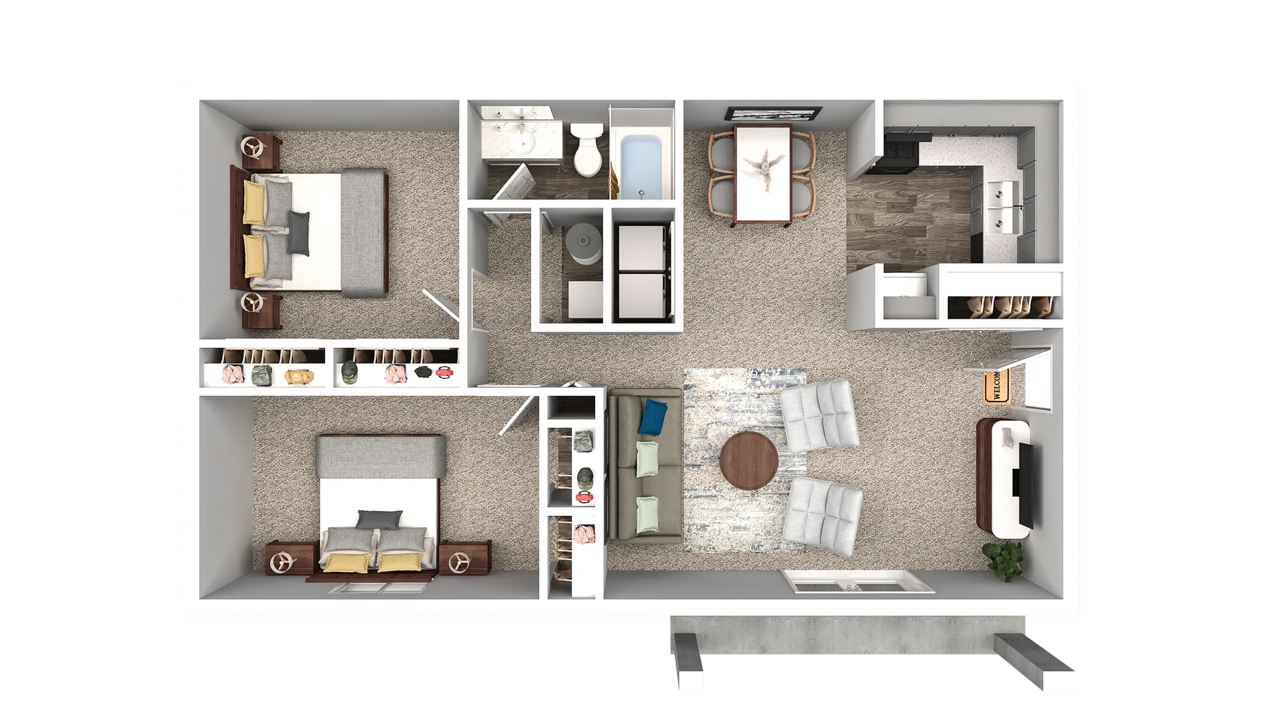Modern 2D floor plan displaying two cozy bedrooms, a welcoming living area, sleek kitchen, and a stylish dining space.
