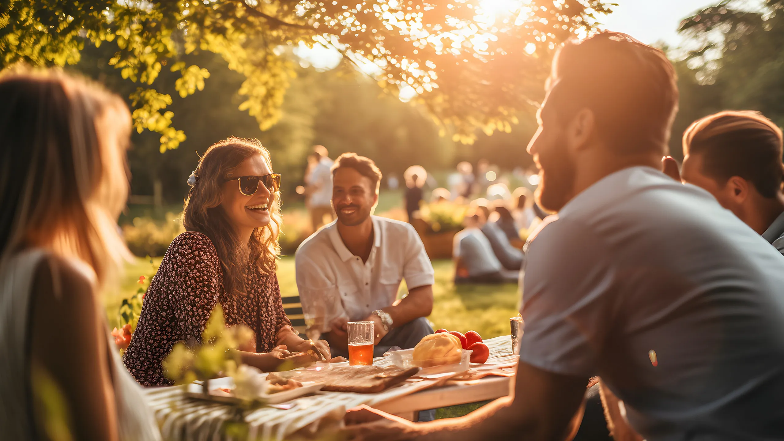 Vibrant outdoor gathering with friends enjoying a sunny day, surrounded by lush greenery and serene ambiance.