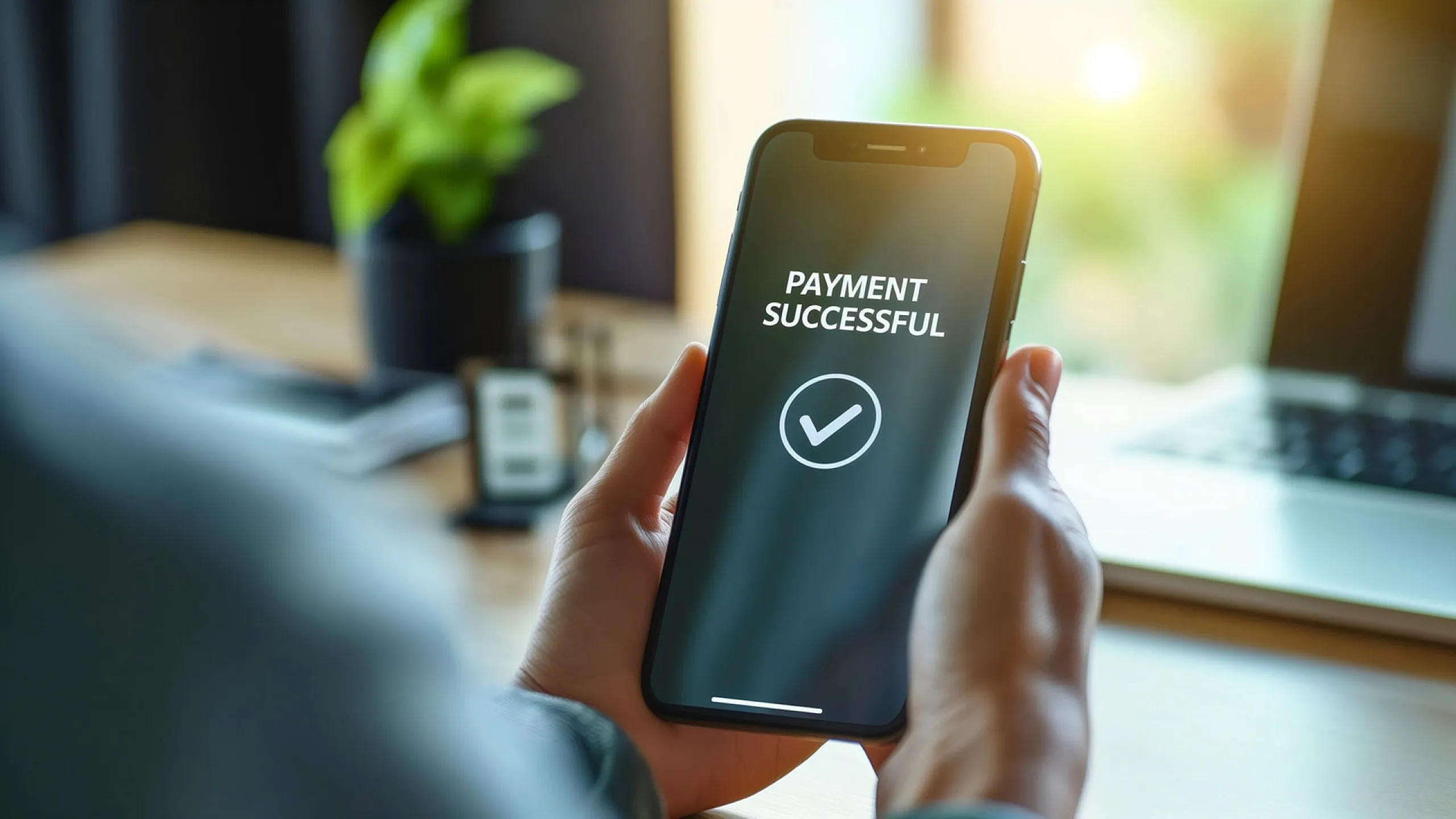Confident hand holding a smartphone displaying 'Payment Successful' message, signifying efficiency and reliability in mobile transactions.