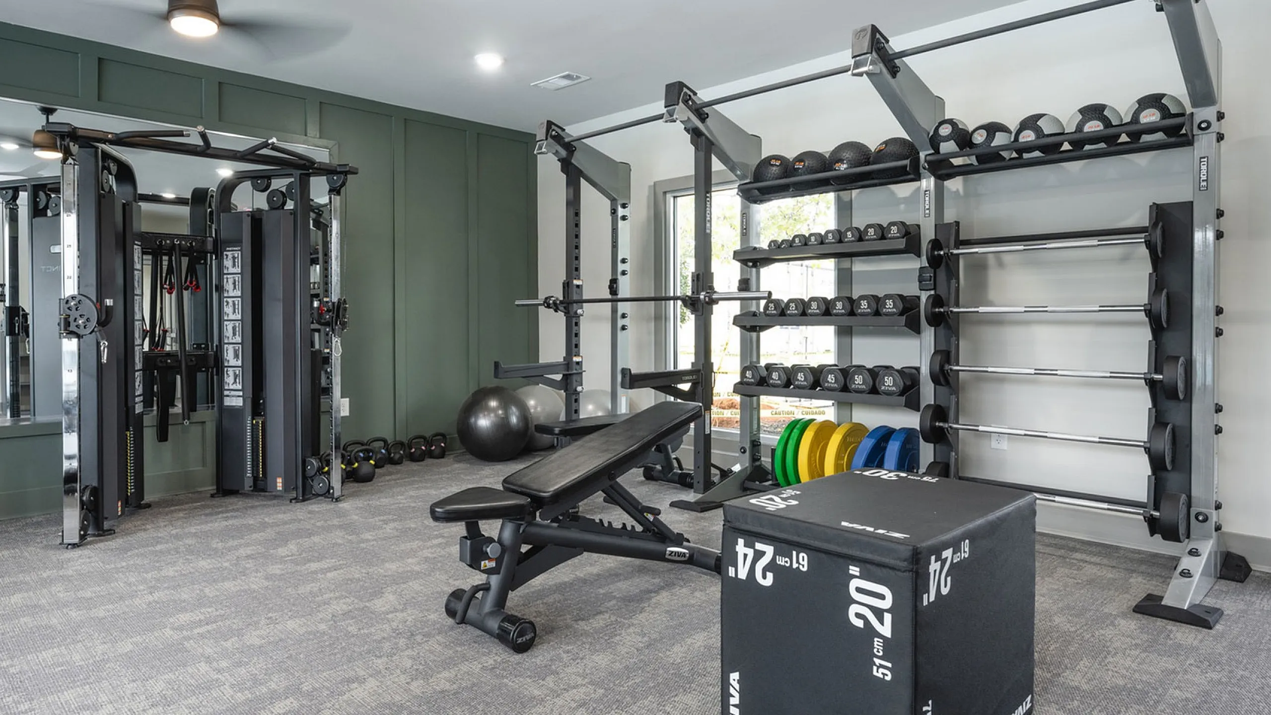 Modern, fully-equipped apartment gym featuring a variety of high-quality fitness equipment, including free weights, resistance machines, and exercise benches.