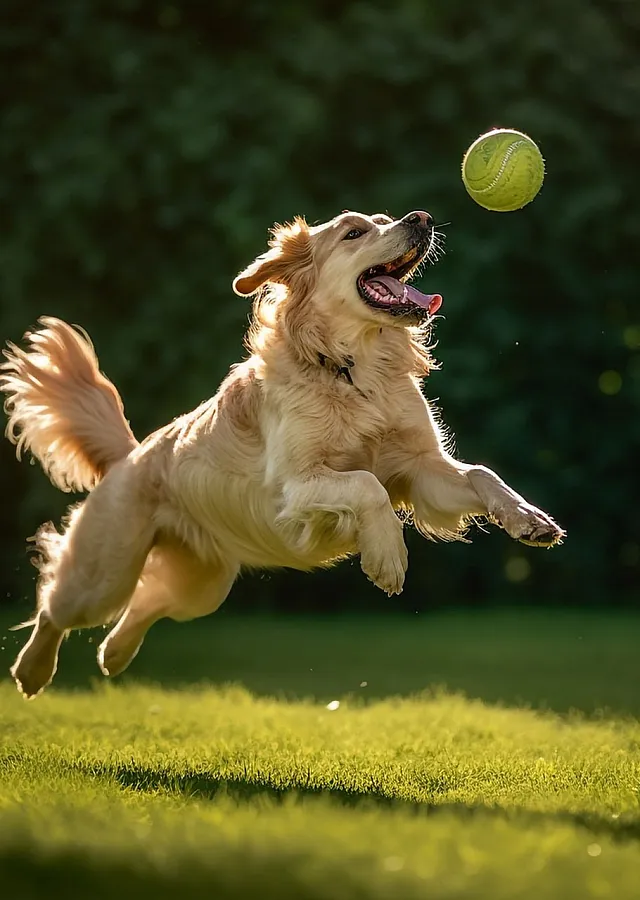 Energetic golden retriever joyfully leaping to catch a tennis ball in a sunlit green lawn.
