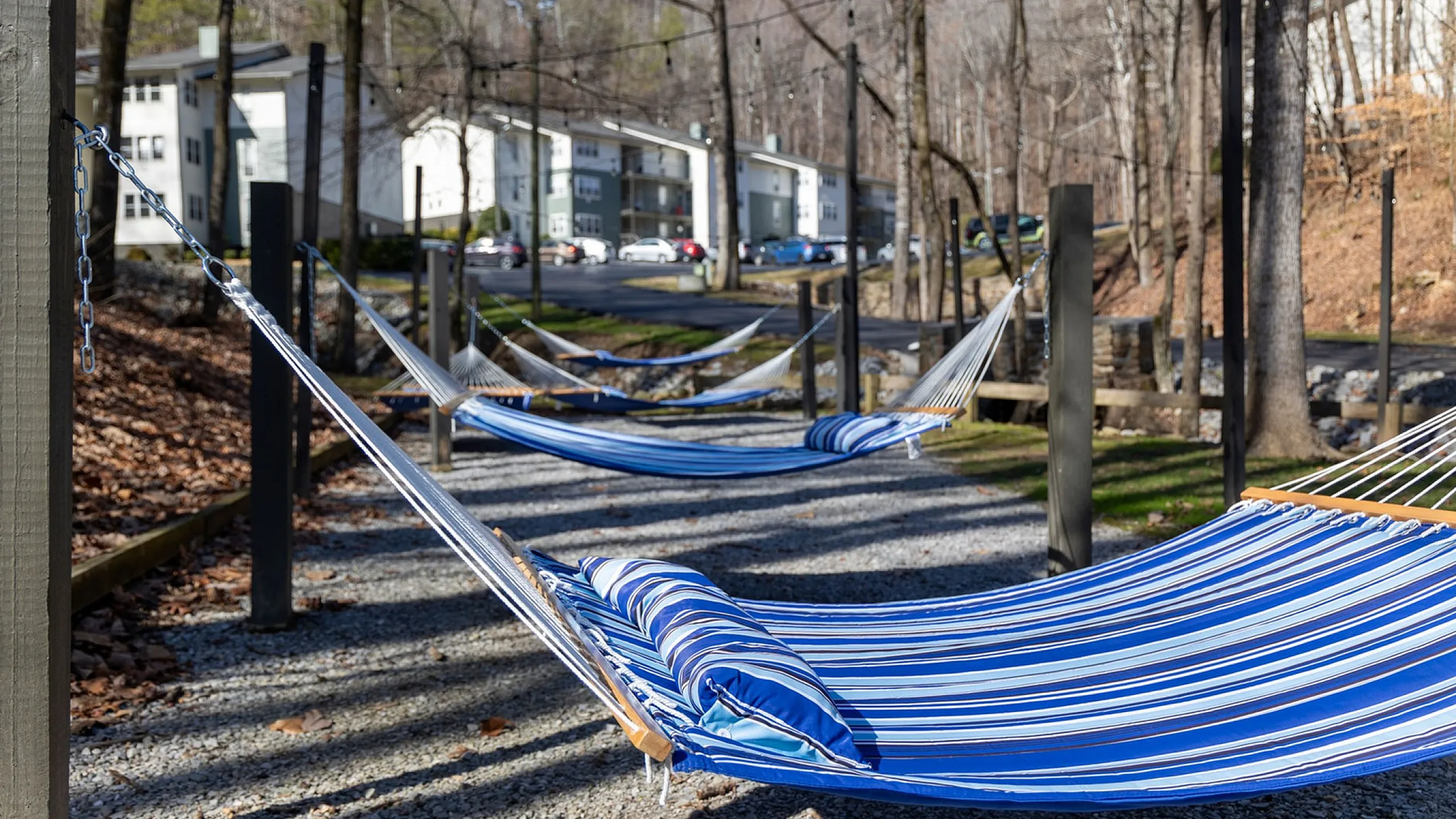 Charming outdoor area with inviting blue-striped hammocks perfect for relaxation, set against a backdrop of serene trees and modern apartment buildings.