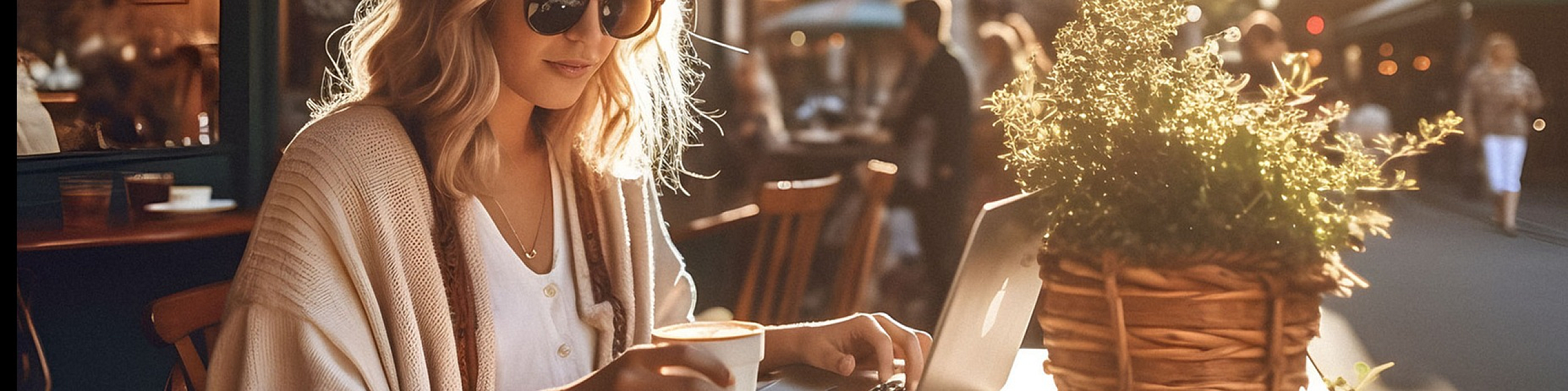Young woman enjoying a pleasant afternoon in a charming outdoor cafe setting, working on a laptop with a serene atmosphere.