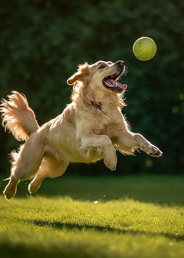 Energetic golden retriever joyfully leaping to catch a tennis ball in a sunlit green park.