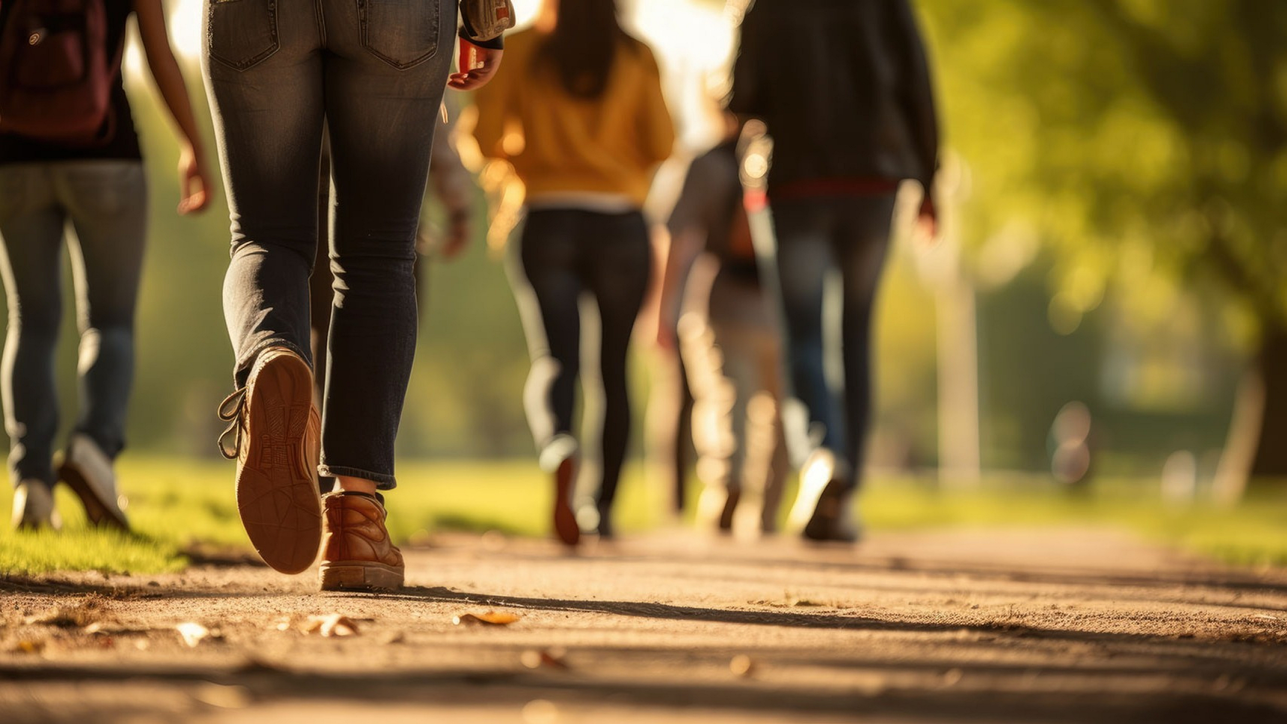 Group of people strolling through a sunlit park, capturing the essence of a vibrant community and serene natural environment.