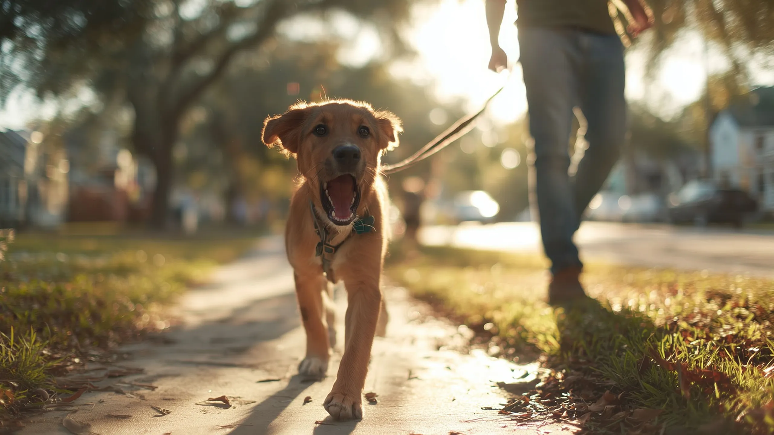 Charming puppy on a sunny sidewalk, enjoying a walk with its owner in a tranquil neighborhood.