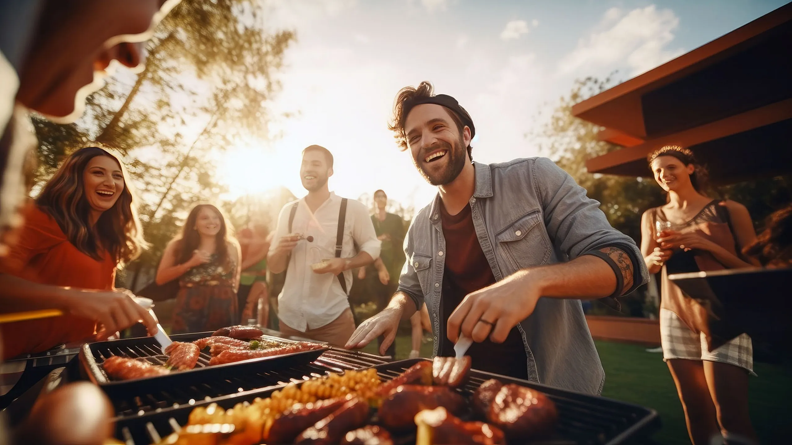 Vibrant outdoor gathering with friends enjoying a sunny BBQ party, highlighting a spacious patio perfect for entertaining.