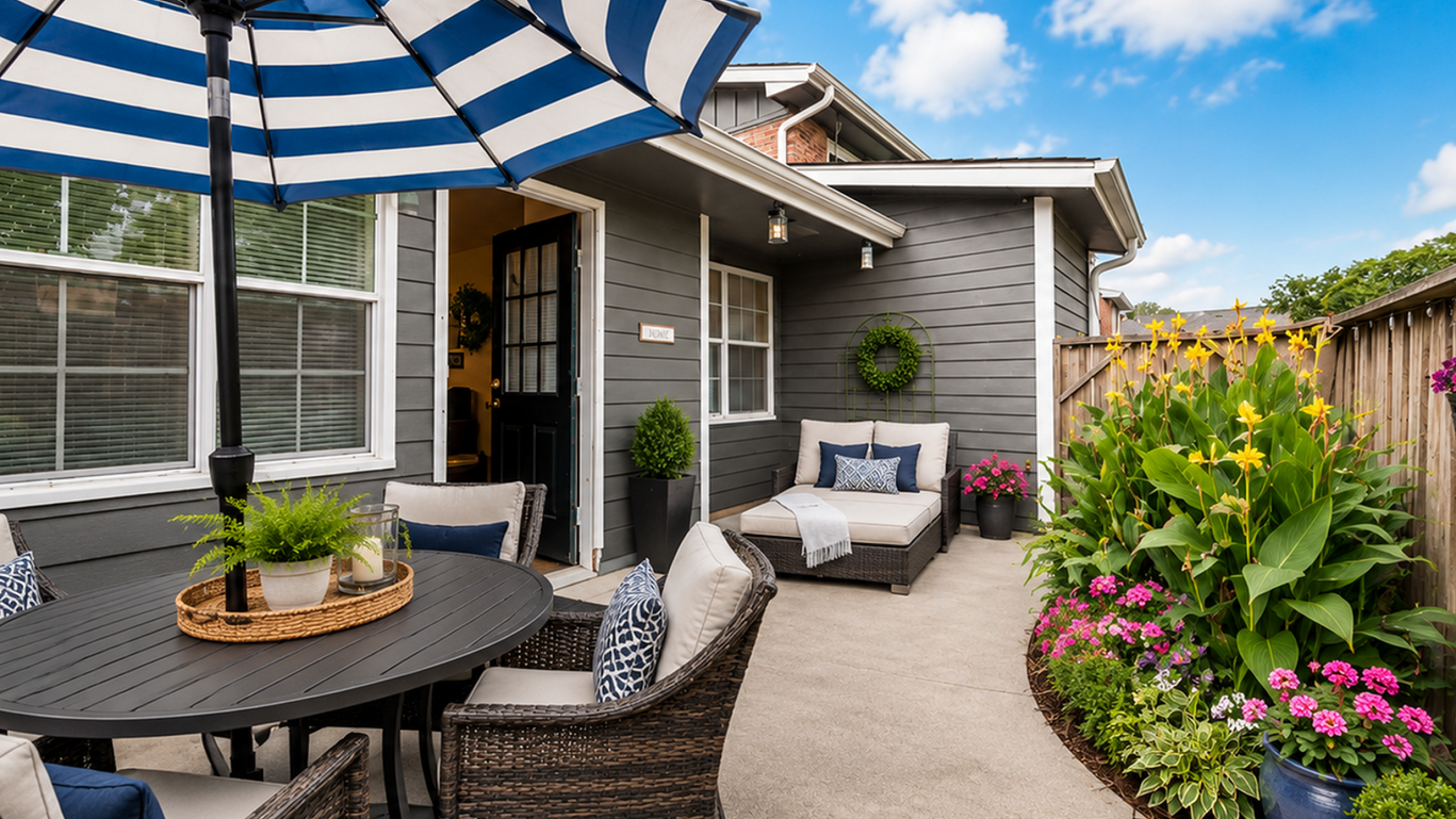 Charming outdoor patio with stylish wicker furniture, vibrant flower arrangements, and a striped umbrella against a clear blue sky.