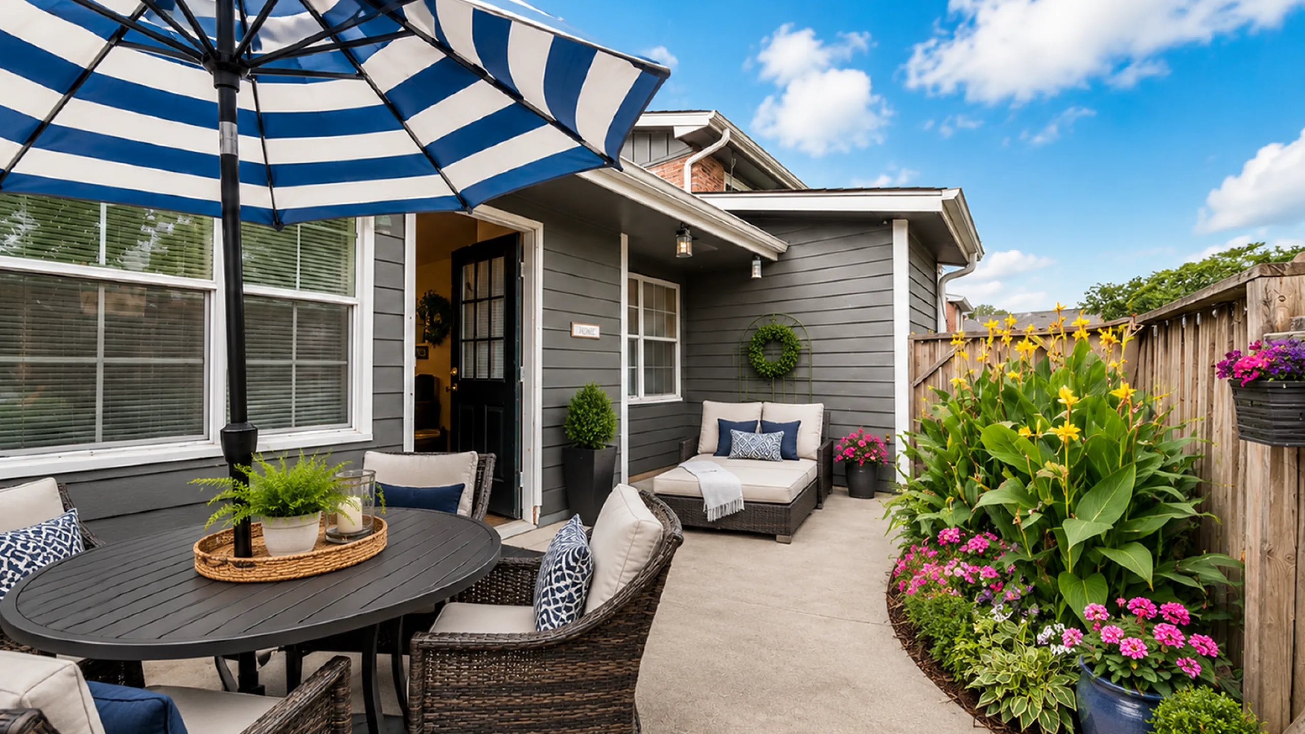 Charming outdoor patio with stylish wicker furniture, vibrant potted plants, and a blue-striped umbrella, perfect for relaxing and entertaining in a garden setting.