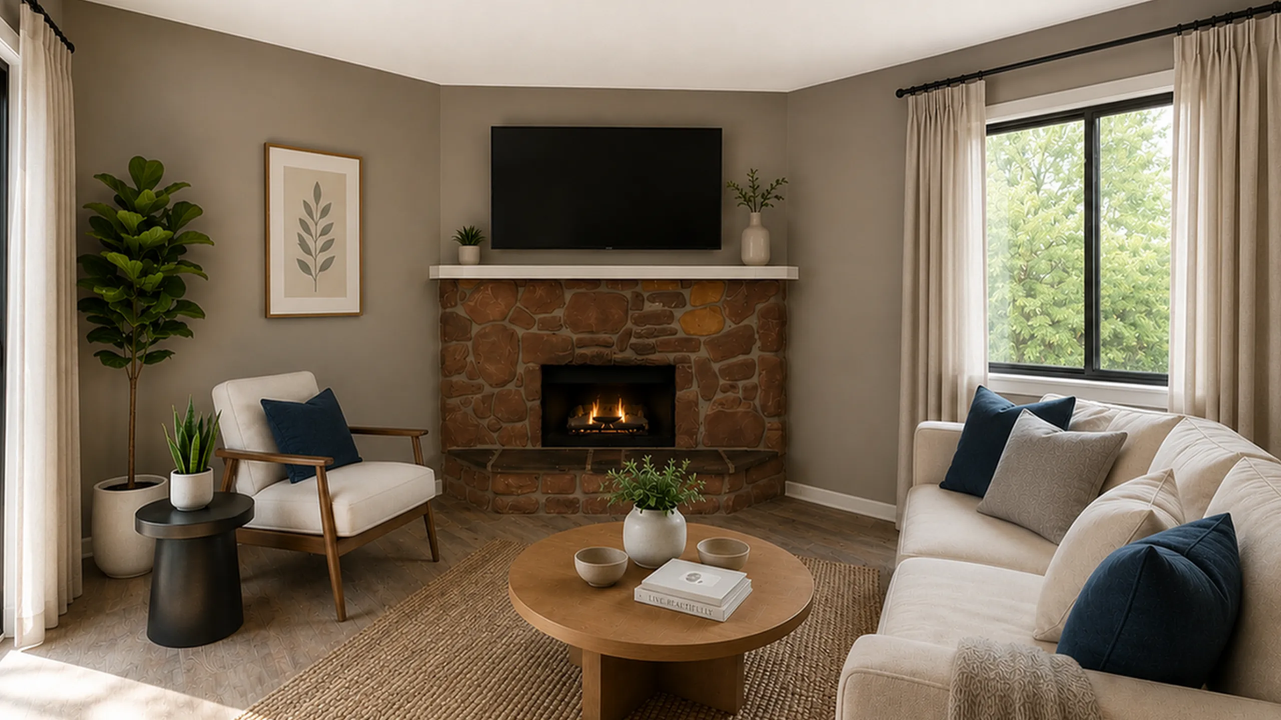 Cozy living room featuring a warm stone fireplace, stylish sofa, and elegant decor, perfect for relaxation.