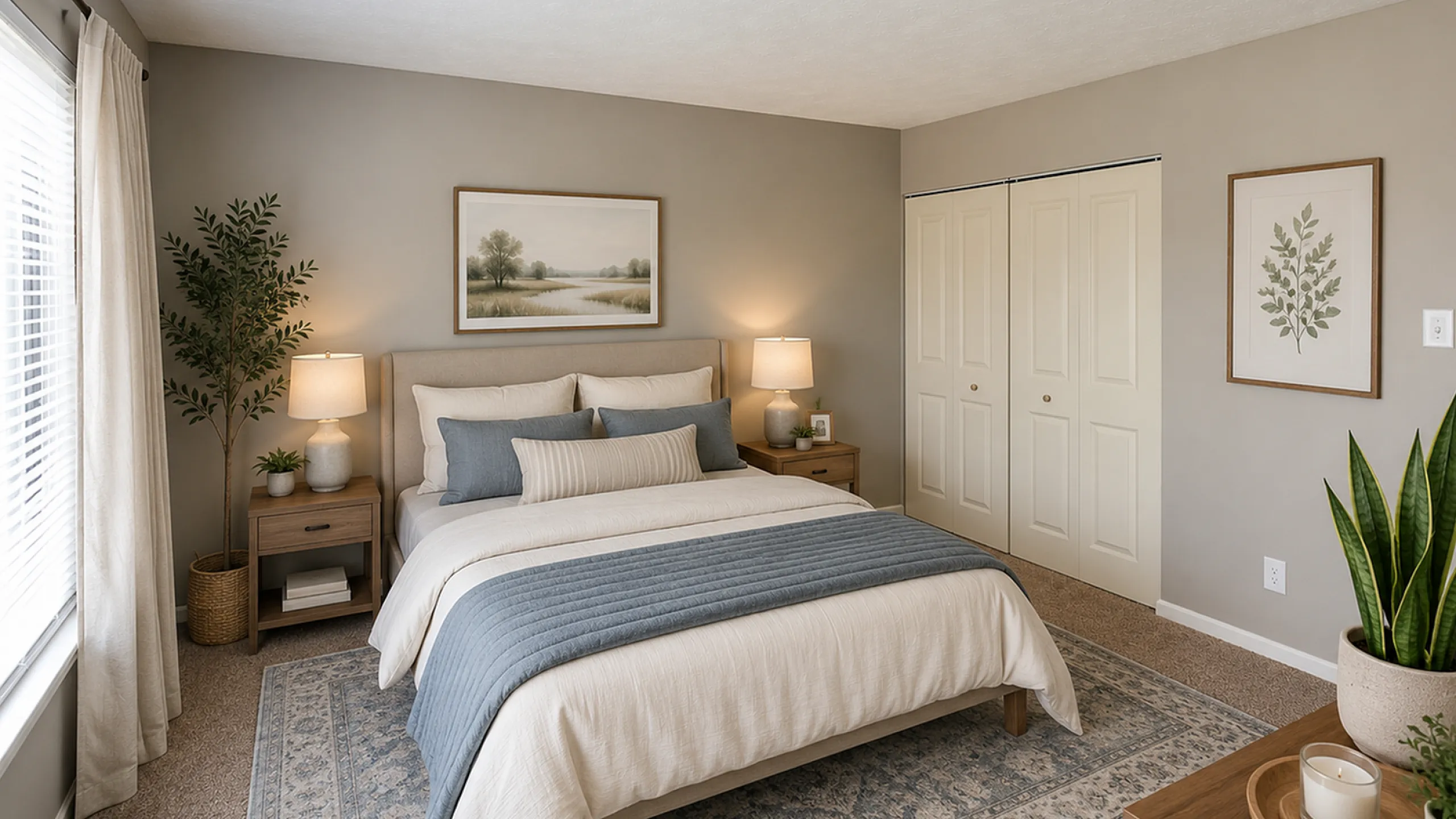 Elegant and serene bedroom with a plush queen-sized bed, soft blue and cream decor, and warm lighting, creating a cozy and inviting atmosphere.