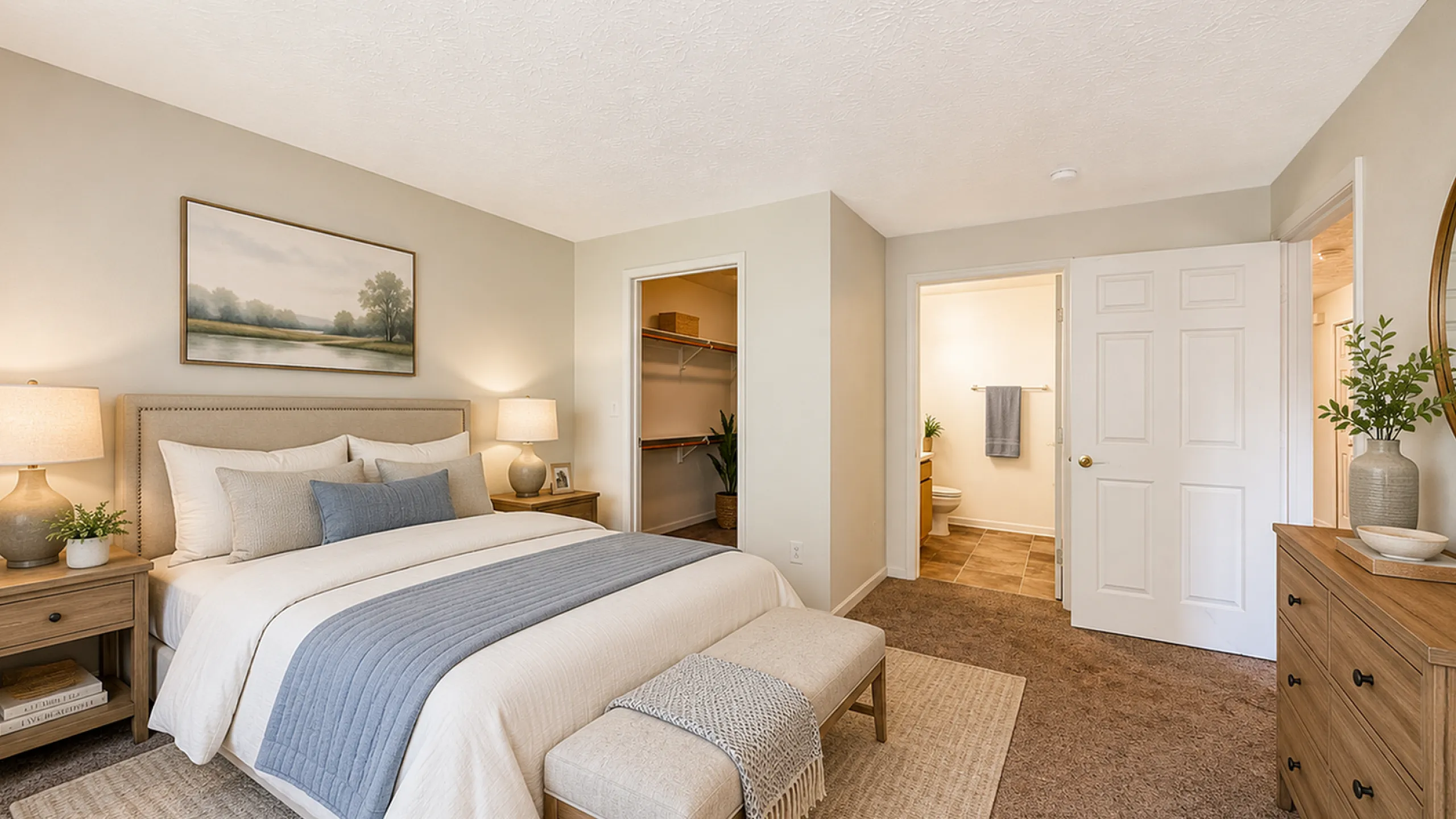 Inviting bedroom with elegant decor, plush carpet, and a spacious walk-in closet connecting to a modern en-suite bathroom.