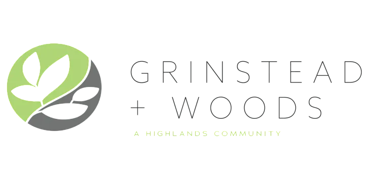 Logo for Grinstead + Woods, a Highlands community, featuring a modern leaf design in green and gray.