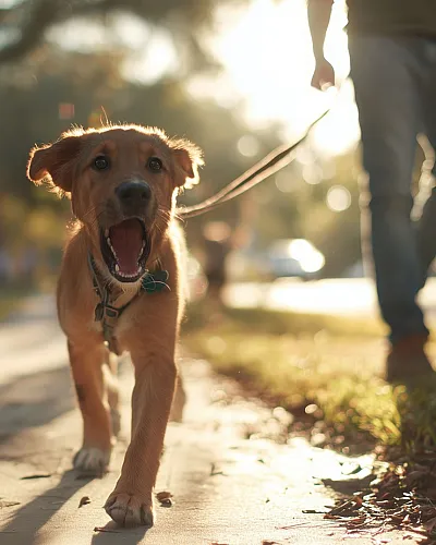 Charming street scene with an excited puppy on a leash walking along a sunlit sidewalk, capturing the essence of a lively neighborhood.