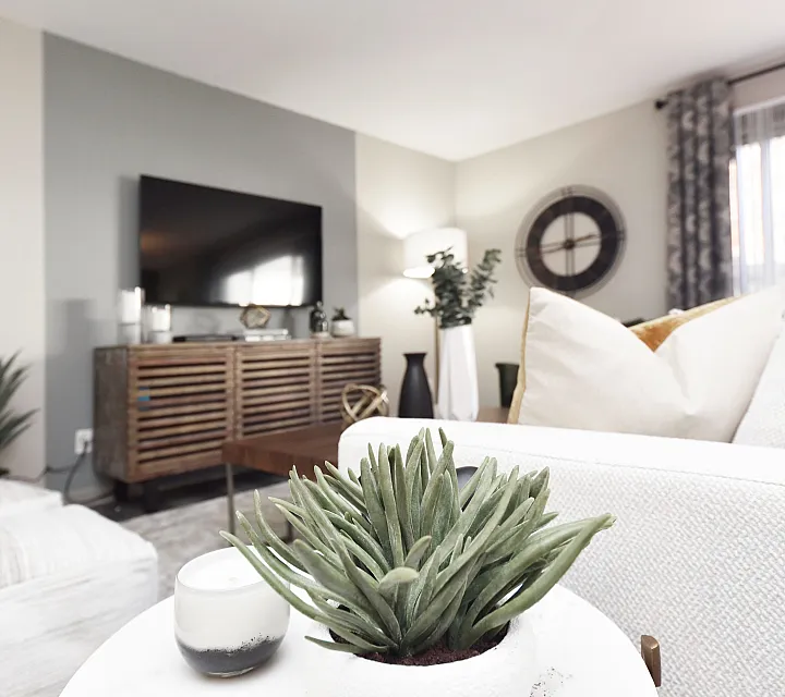 Elegant living room with a modern TV setup, stylish wooden cabinet, lush indoor plants, and cozy decor accents.