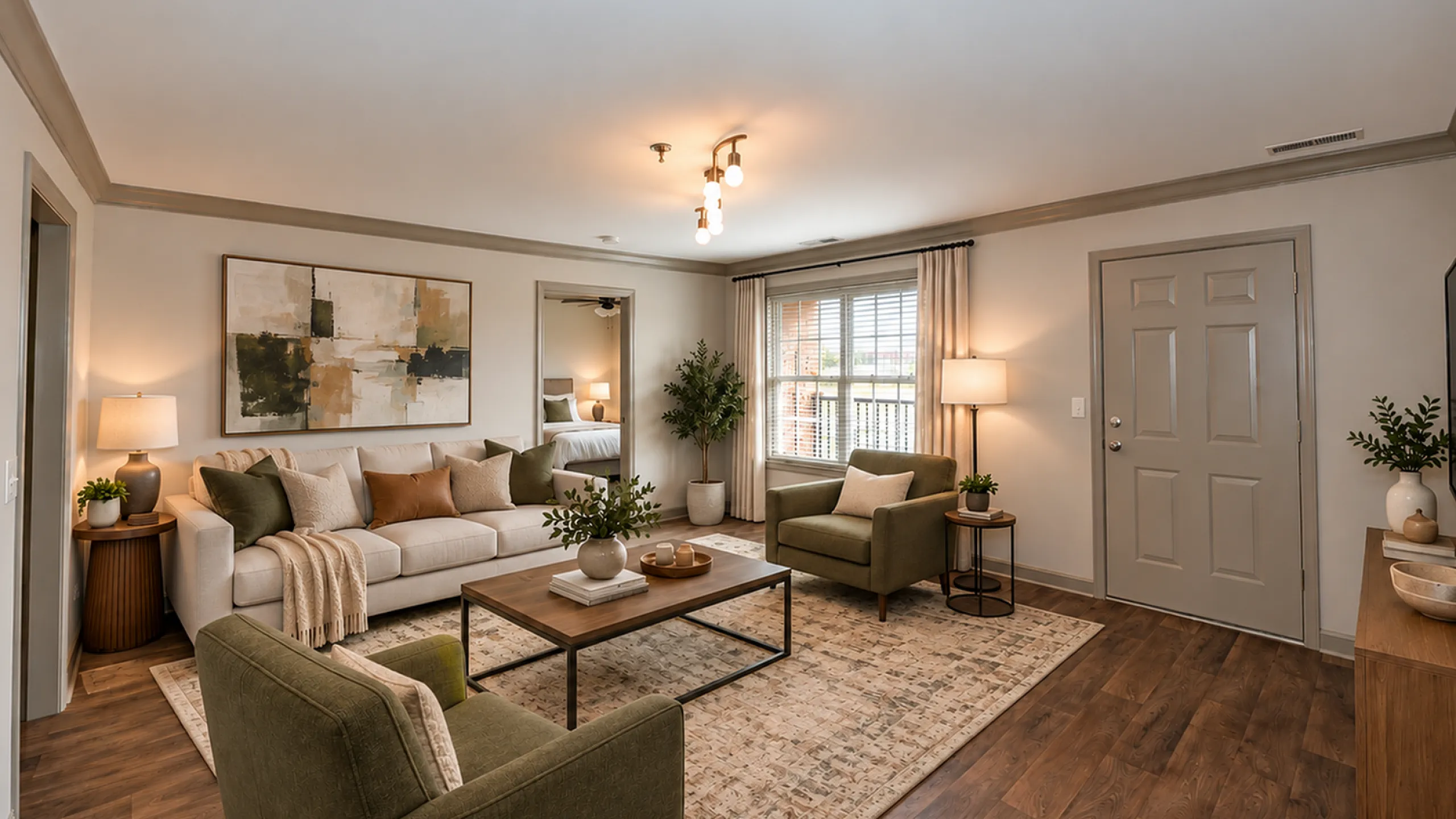 Chic and inviting living room with elegant furnishings, warm lighting, and large window for natural light.