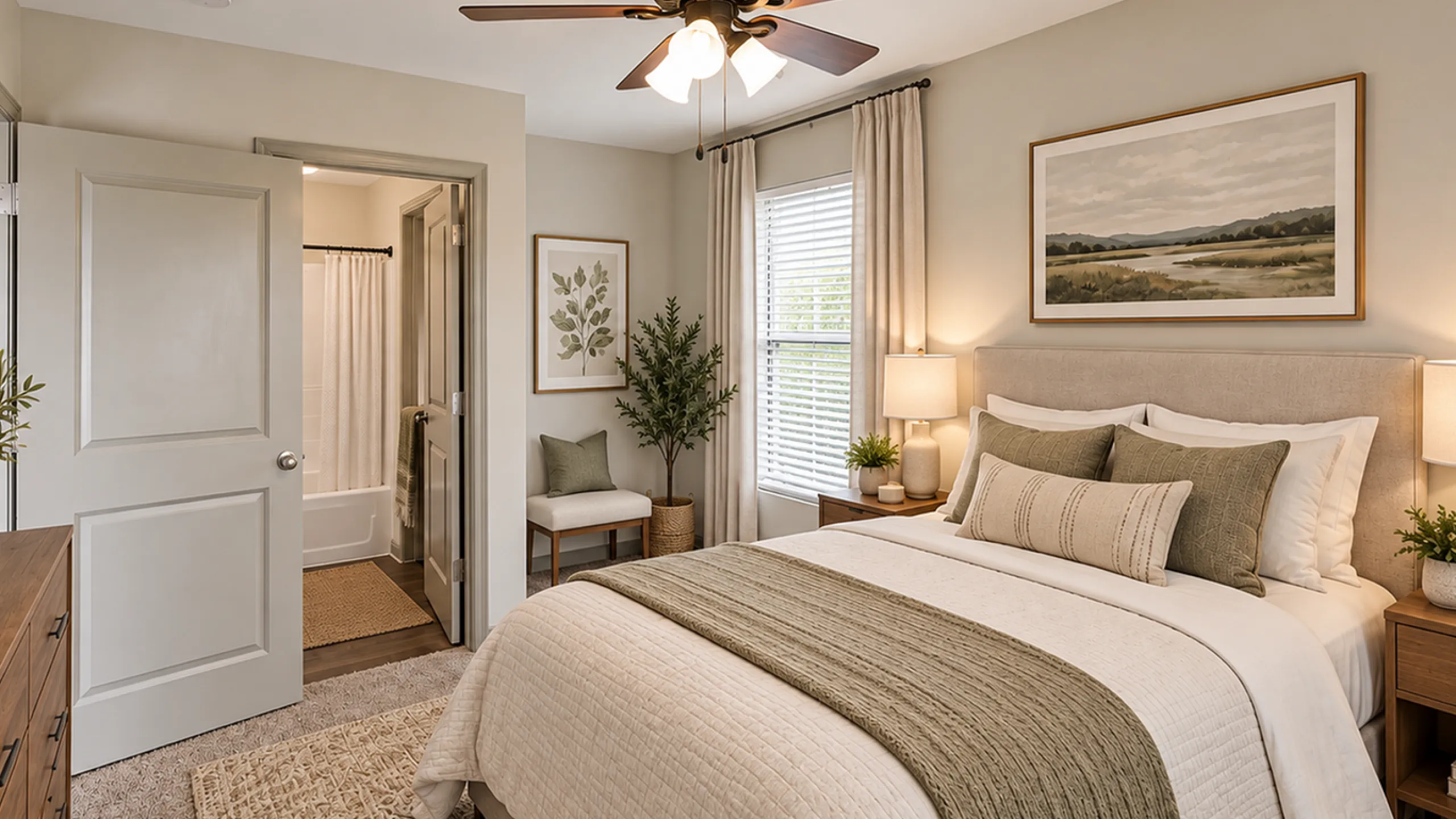 Inviting bedroom with elegant decor, featuring a cozy bed with plush pillows, stylish ceiling fan, and natural light streaming through the window for a serene atmosphere.