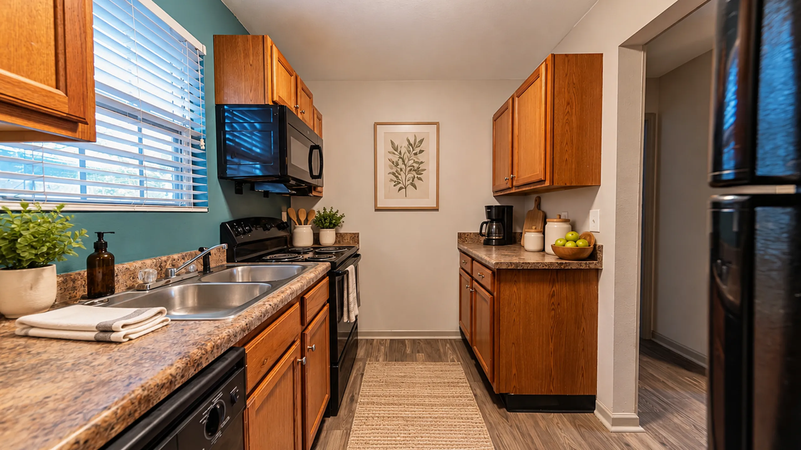 Inviting kitchen with modern appliances, warm wooden cabinets, and elegant decor, perfect for culinary creativity.