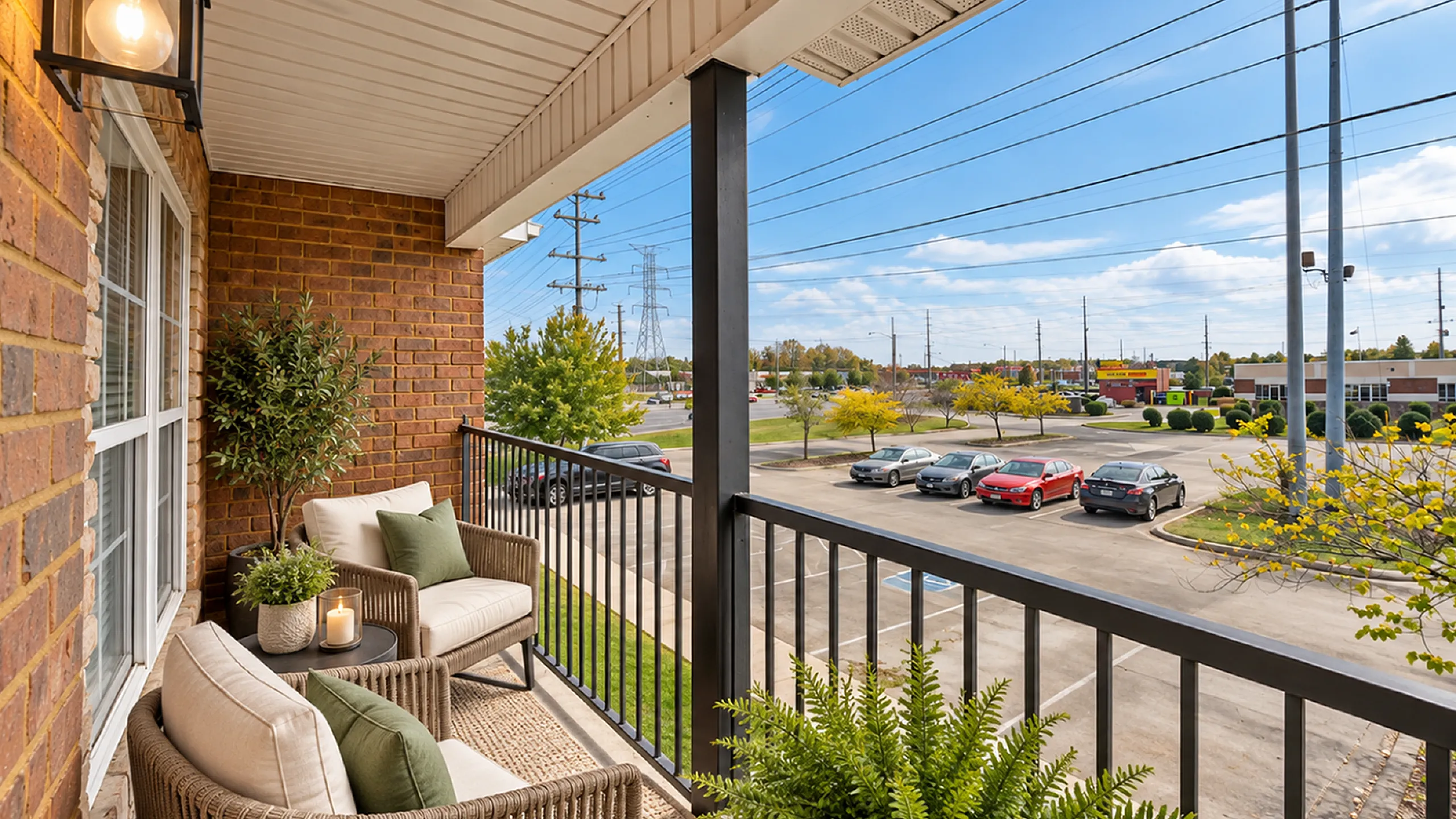Charming balcony view with cozy seating, overlooking a vibrant urban landscape and lush greenery.