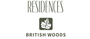 Elegant logo for Residences at Devonshire, highlighting British Woods Apartments and Townhomes with a sleek leaf design.