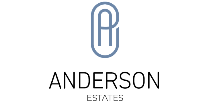 Modern Anderson Estates logo design with intertwined initials symbol and elegant typography.