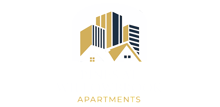 Elegant Pines at Willowbrook Apartments logo featuring modern skyscrapers and charming houses, signifying a blend of urban sophistication and cozy living.