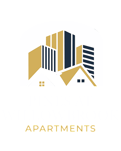 Elegant logo for Pines at Willowbrook Apartments featuring modern high-rise buildings and cozy house graphic, conveying an urban yet homely atmosphere.