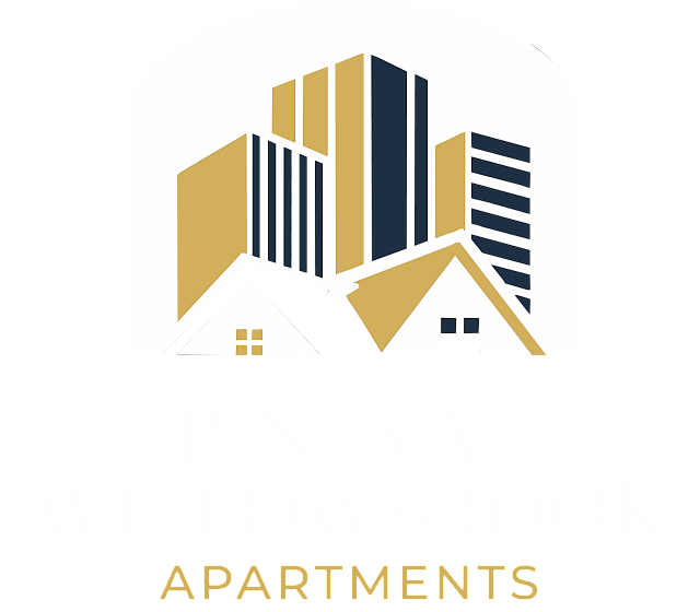 Modern Pines at Willowbrook Apartments logo featuring stylized buildings and houses, conveying a blend of urban and residential living.