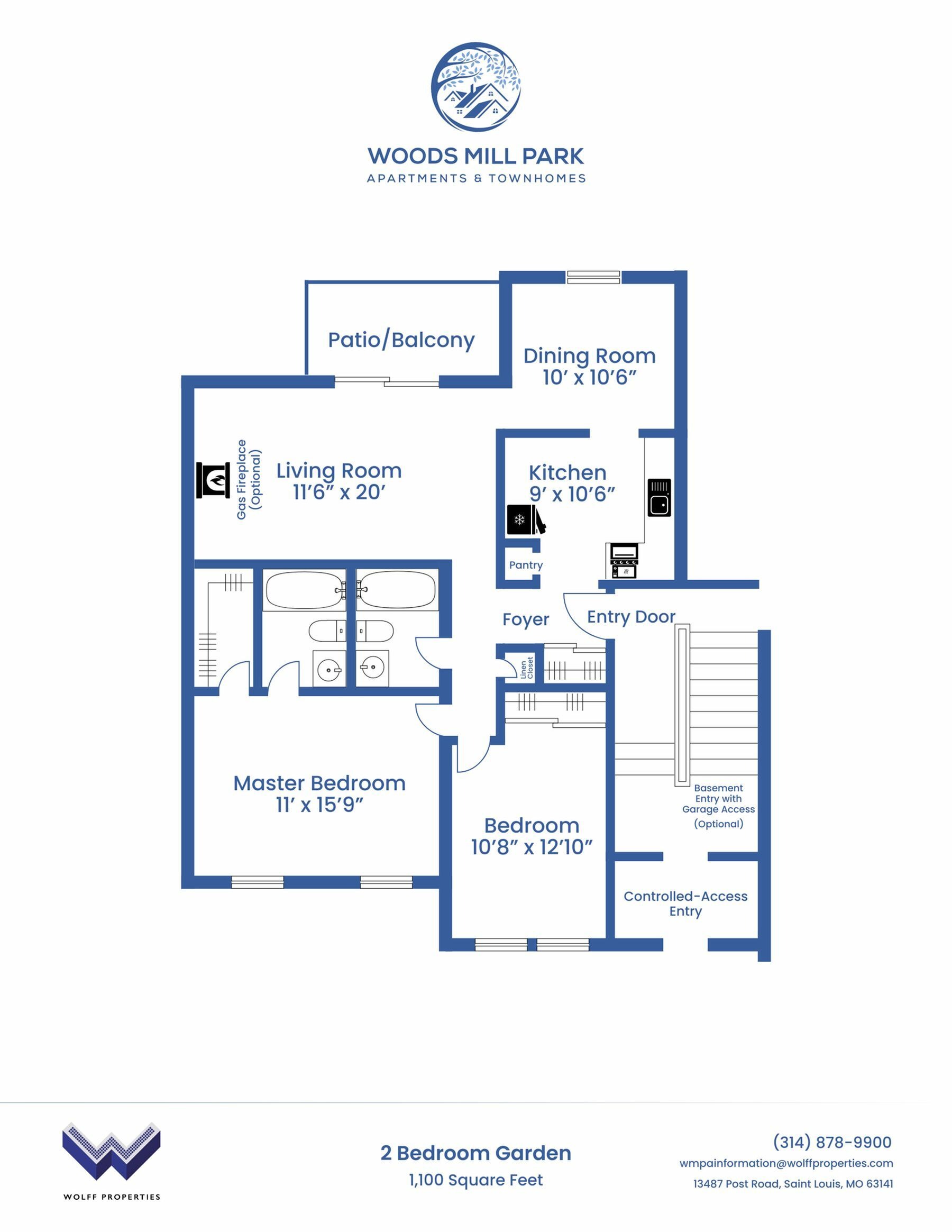 Two Bedroom, Two Bathroom Garden  | Woods Mill Park Apartments & Townhomes in Chesterfield, MO