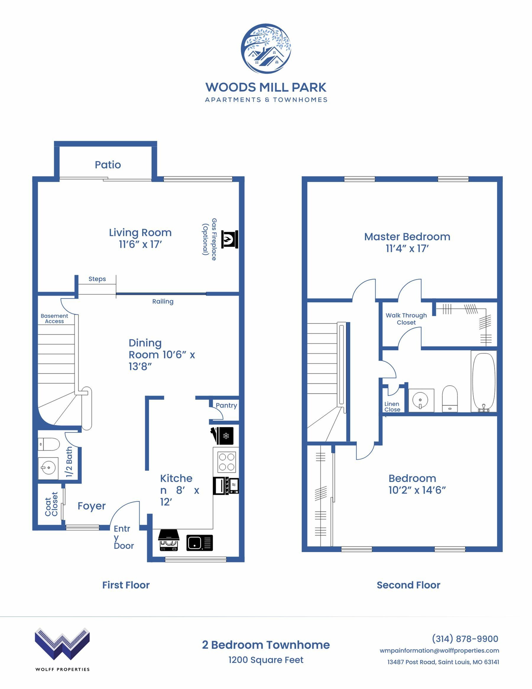 Two Bedroom Townhouse with Fireplace - Partial Floor Plan | Woods Mill Park Apartments & Townhomes