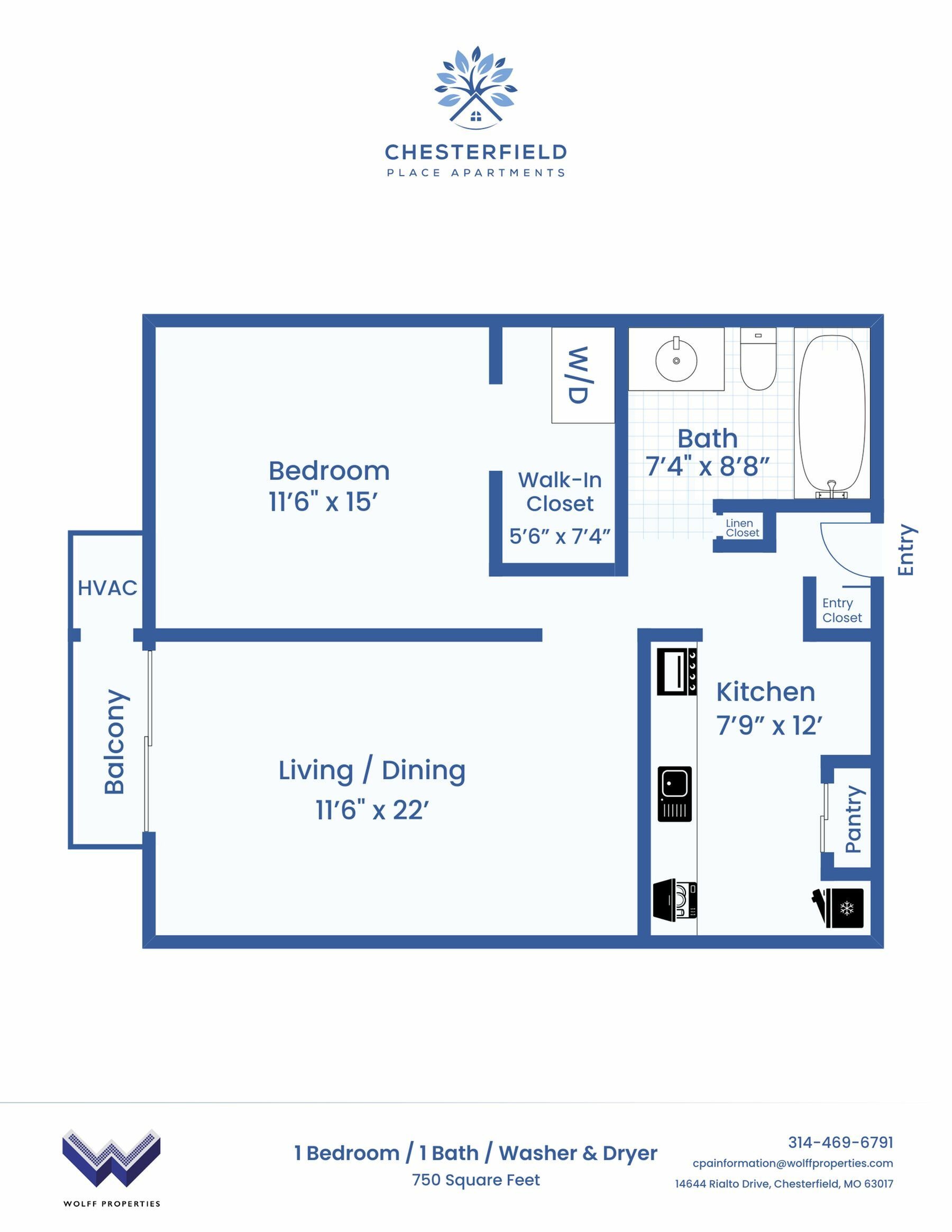 Chesterfield Place Apartments One Bedroom with Washer & Dryer Floorplan