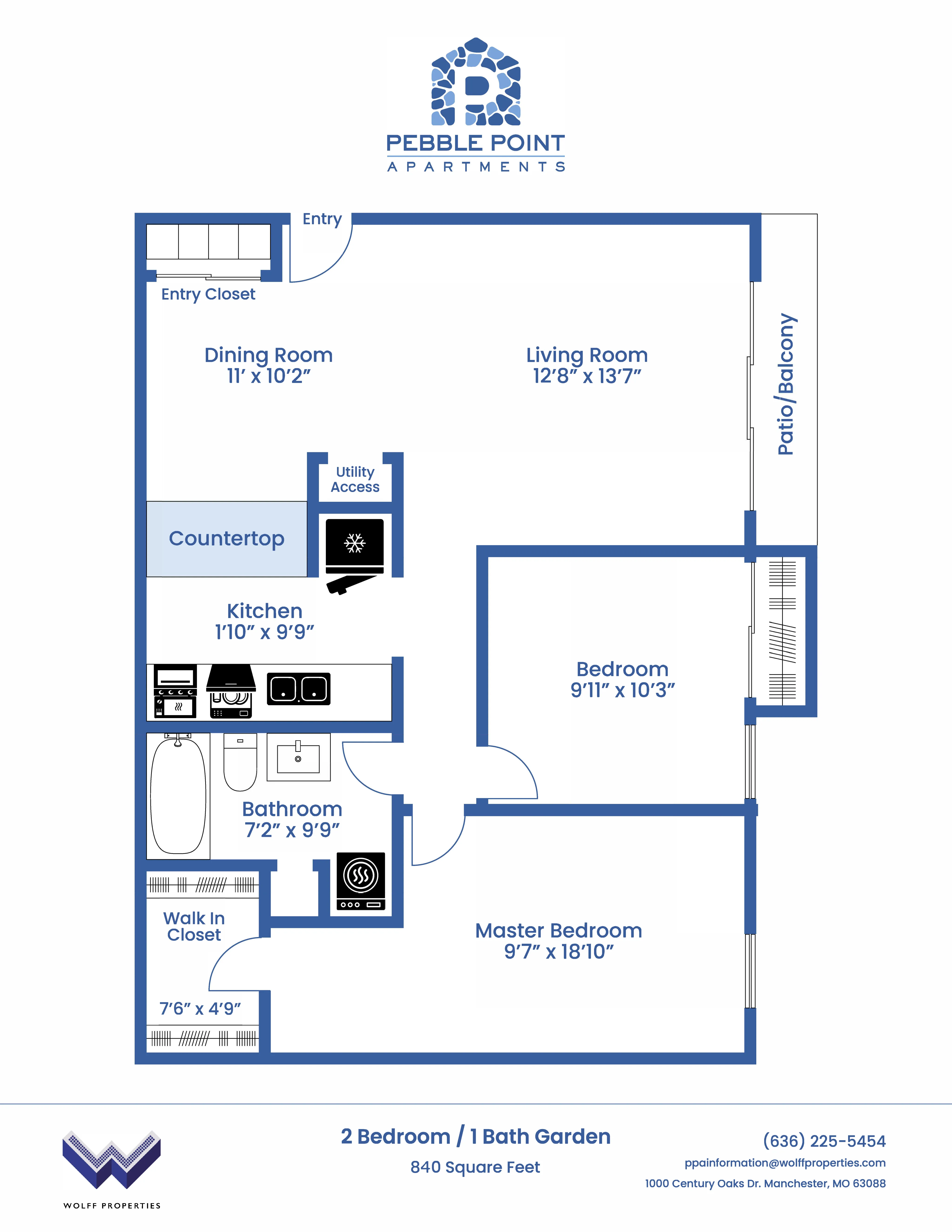 Two Bedroom Garden Floorplan at 840 Square Feet - Partial