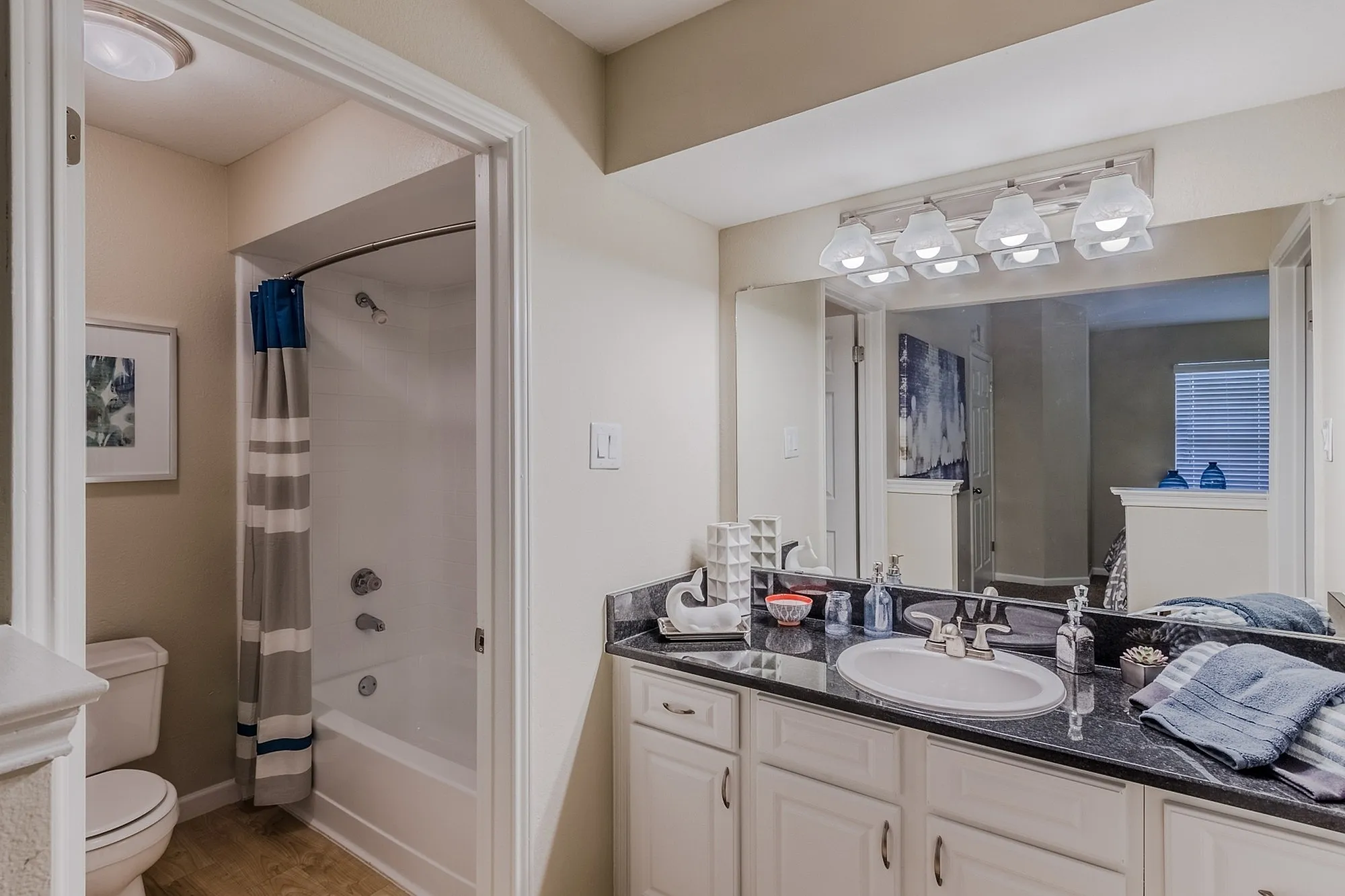 Elegant bathroom featuring modern fixtures, a sleek countertop, and a stylish shower curtain, perfect for relaxing personal care.