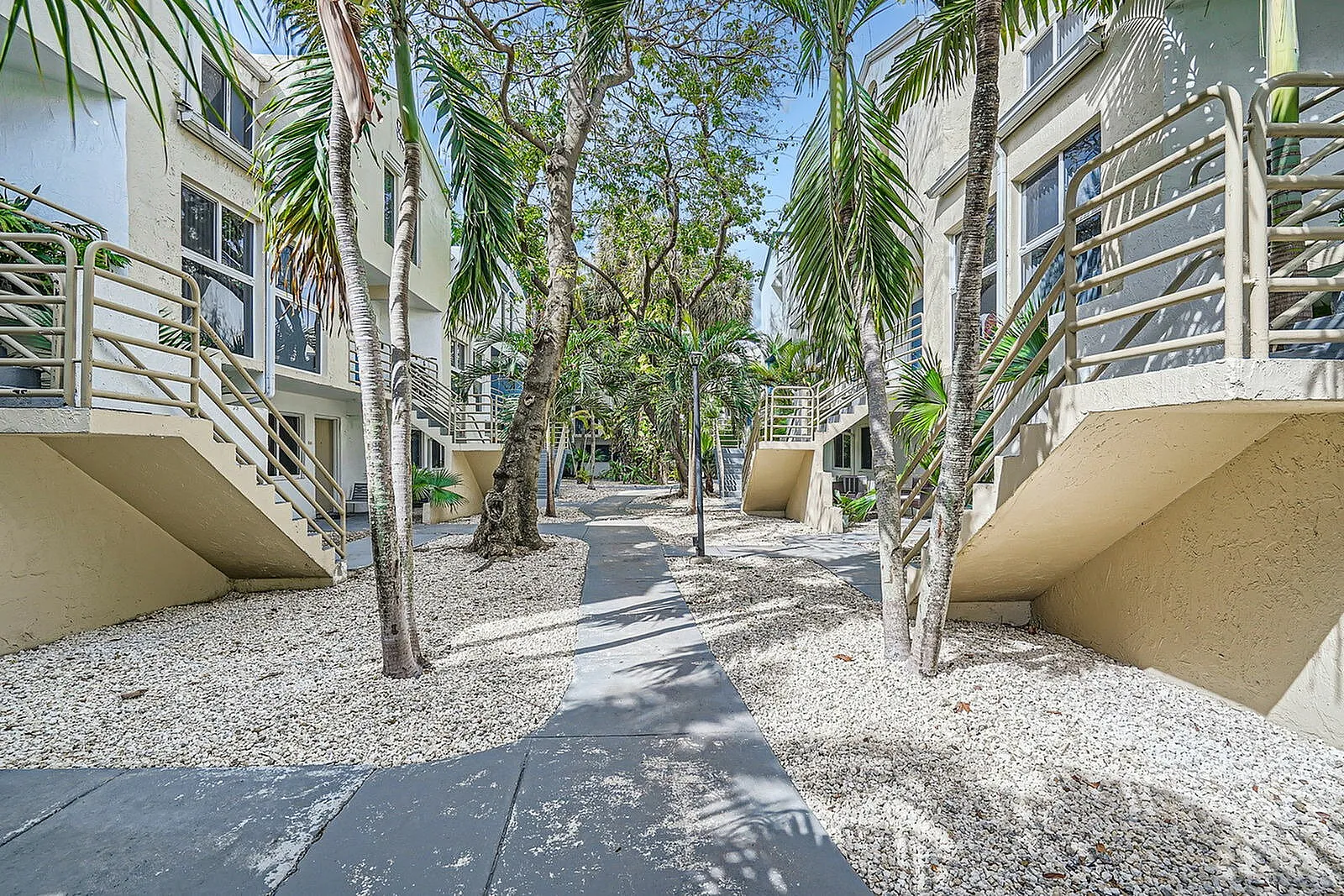Modern apartment complex with tropical landscaping, featuring palm trees and a serene pathway leading to charming entrances.