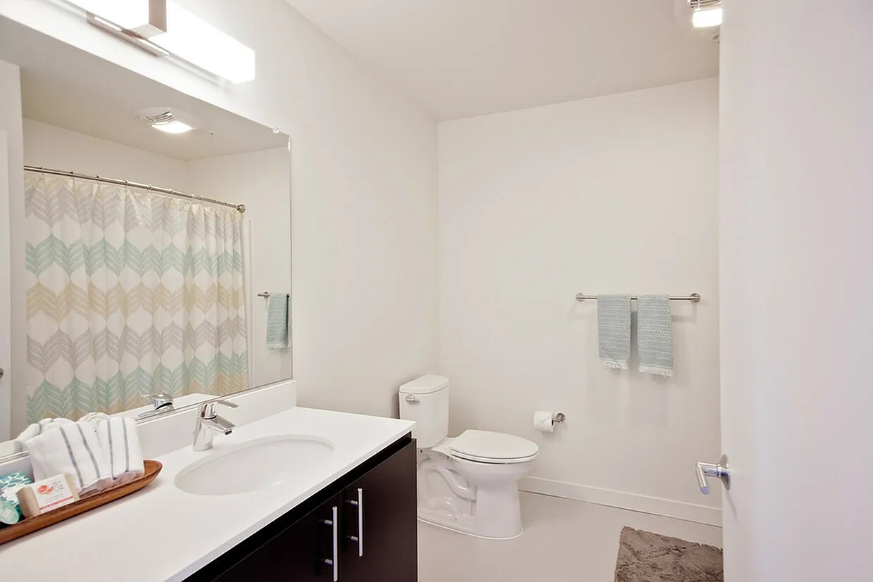 Elegant bathroom with a sleek white countertop, modern fixtures, and a stylish patterned shower curtain.