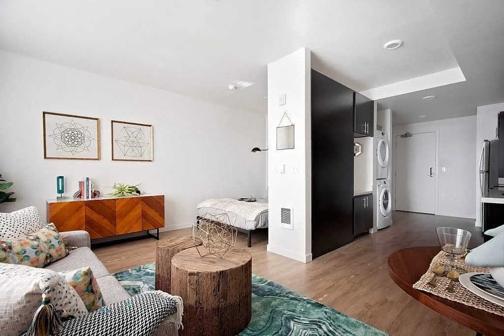 Chic open-plan studio apartment with modern decor, featuring a cozy bed area, stylish living room, and efficient kitchen corner. Elegant wood accents and vibrant art create a welcoming ambiance.