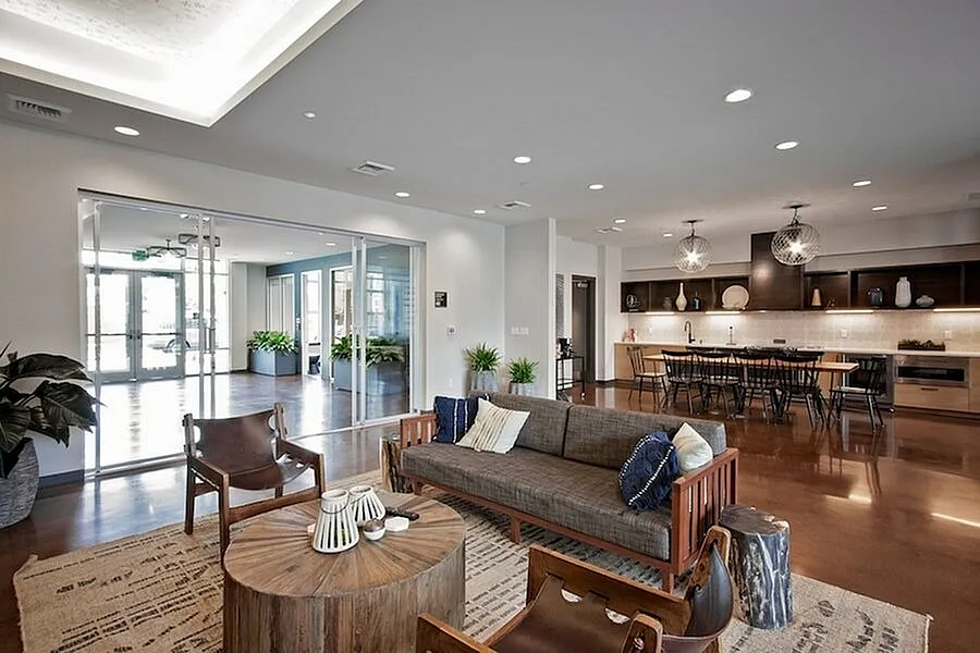 Modern open-plan living space with sleek kitchen, stylish décor, and inviting lounge area, perfect for entertaining.