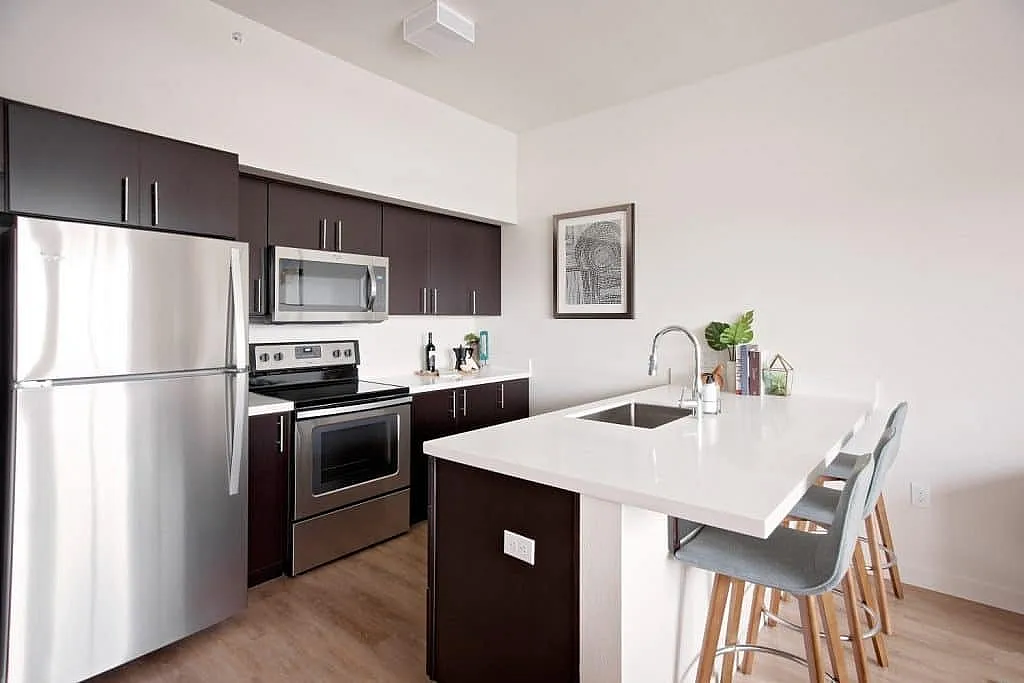 Modern kitchen with sleek stainless steel appliances, dark cabinetry, and a stylish white countertop bar with seating.