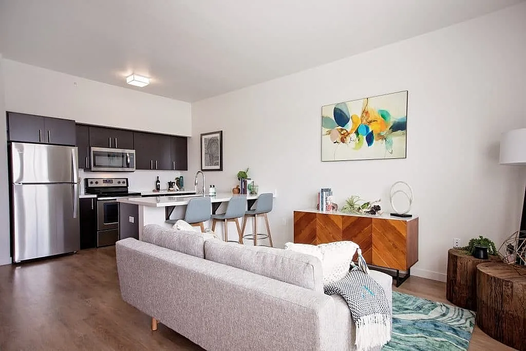Contemporary open-concept living space with modern kitchen, stylish decor, and cozy seating area.