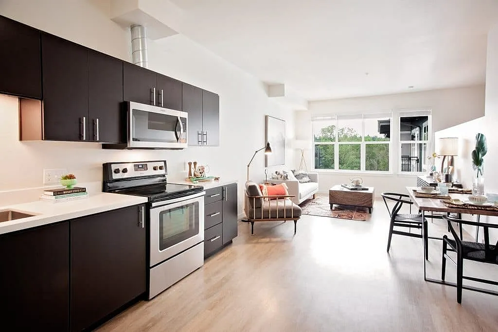 Modern open-concept living space featuring a stylish kitchen with dark cabinetry and stainless steel appliances, adjacent to a bright and airy living room with large windows and elegant decor.