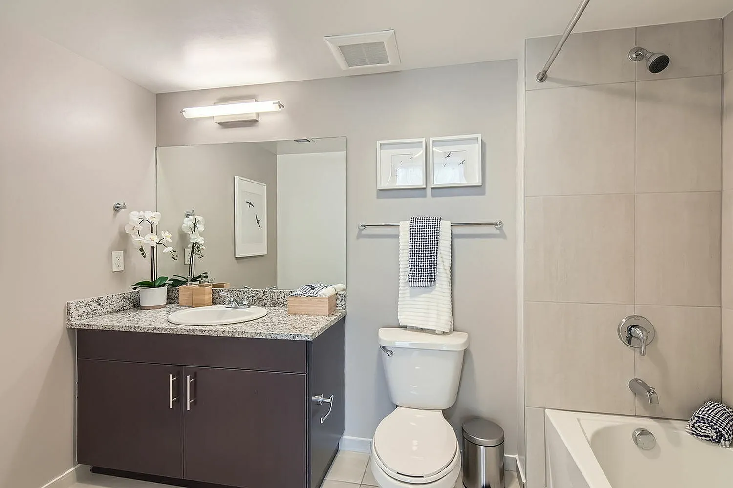 Elegant bathroom with granite countertop, modern fixtures, and stylish decor featuring orchids and framed artwork.