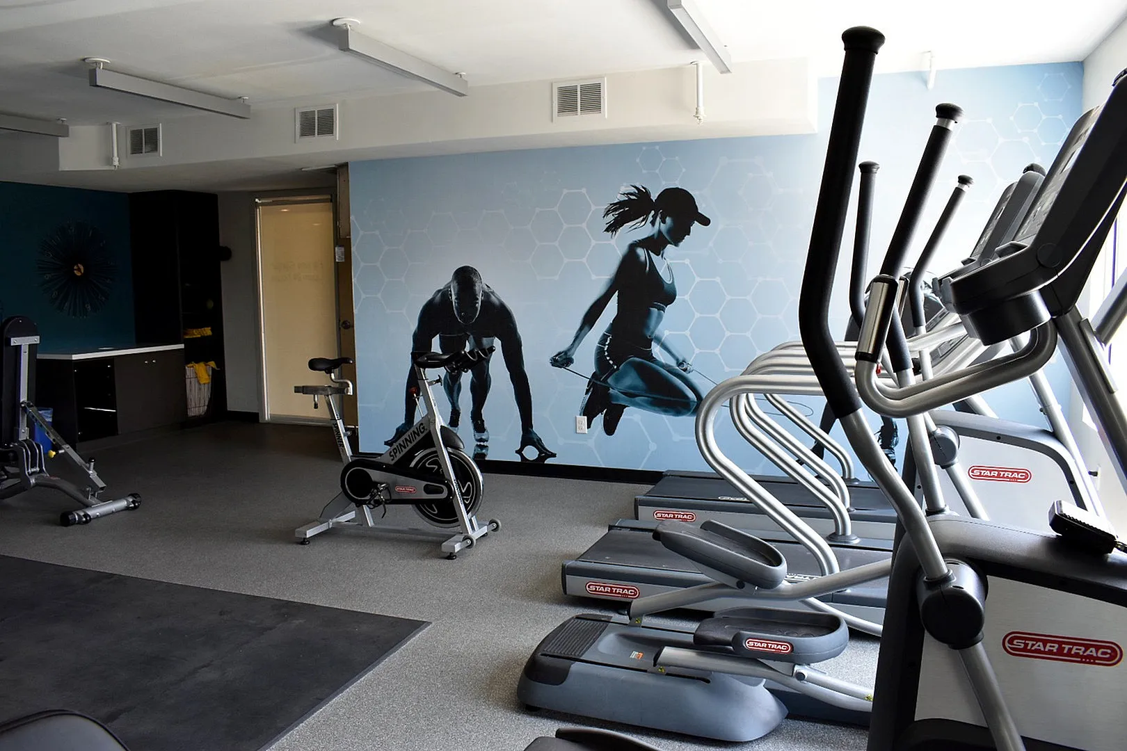 Contemporary fitness center equipped with state-of-the-art treadmills and spin bikes, featuring a dynamic wall mural for motivation.