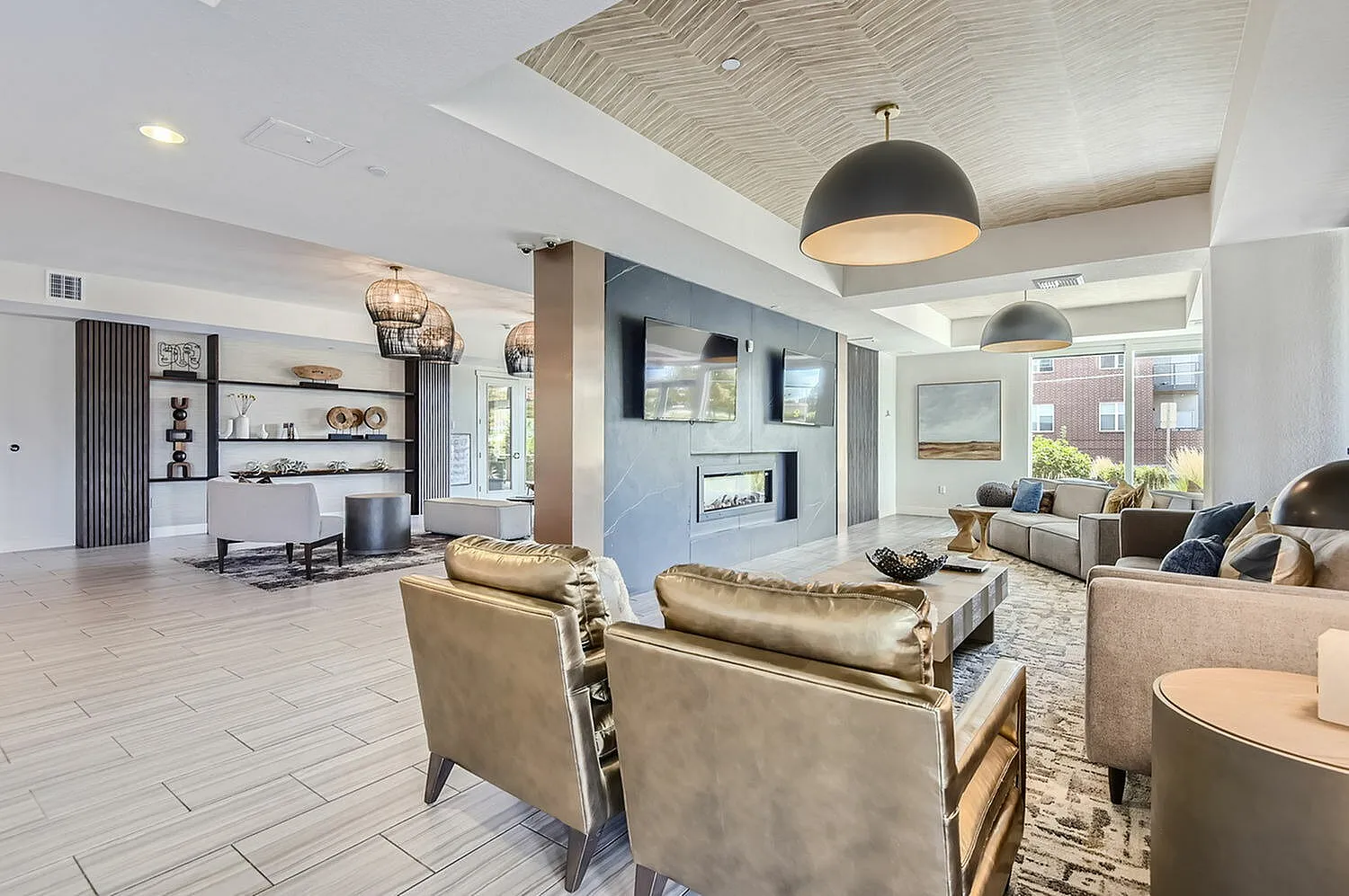 Modern apartment lounge with elegant furniture, stylish decor, and ambient lighting, offering a comfortable and inviting living space.